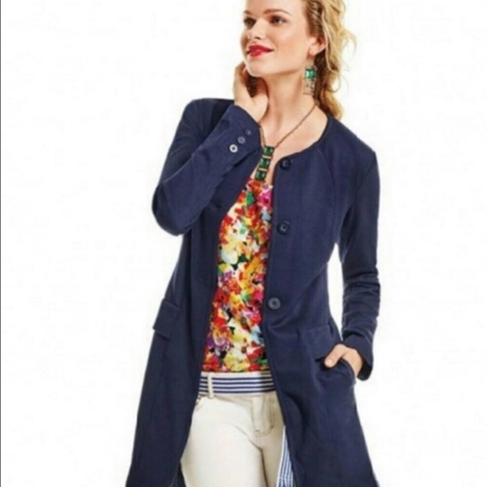 CAbi Lido Jacket Coat Blazer Ponte Knit Long Navy Blue Career Office Academia